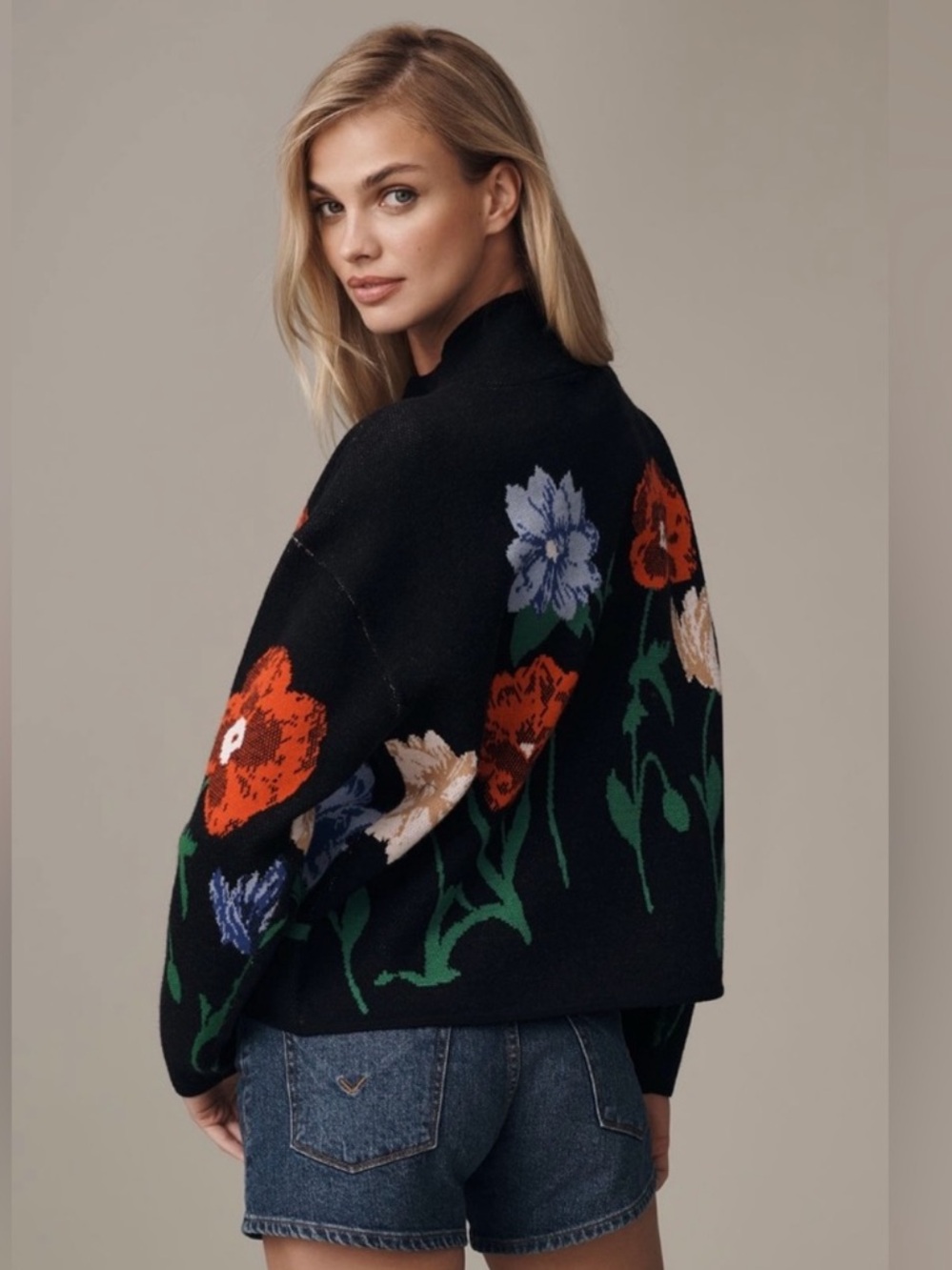 Anthropologie Maeve Carys Funnel Neck Floral Sweater Black - Picture 4 of 8